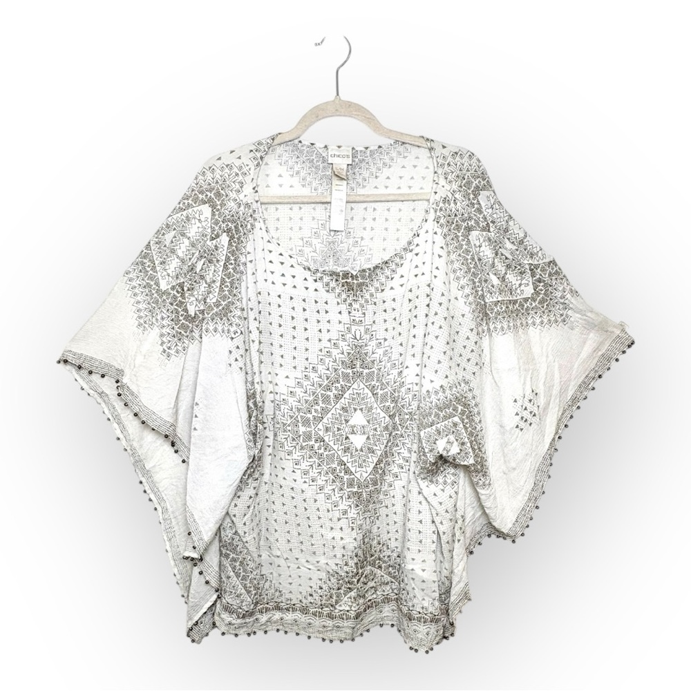Chico’s White Boho Embroidered Poncho Caftan Top w/ Brass Beaded Trim S/M